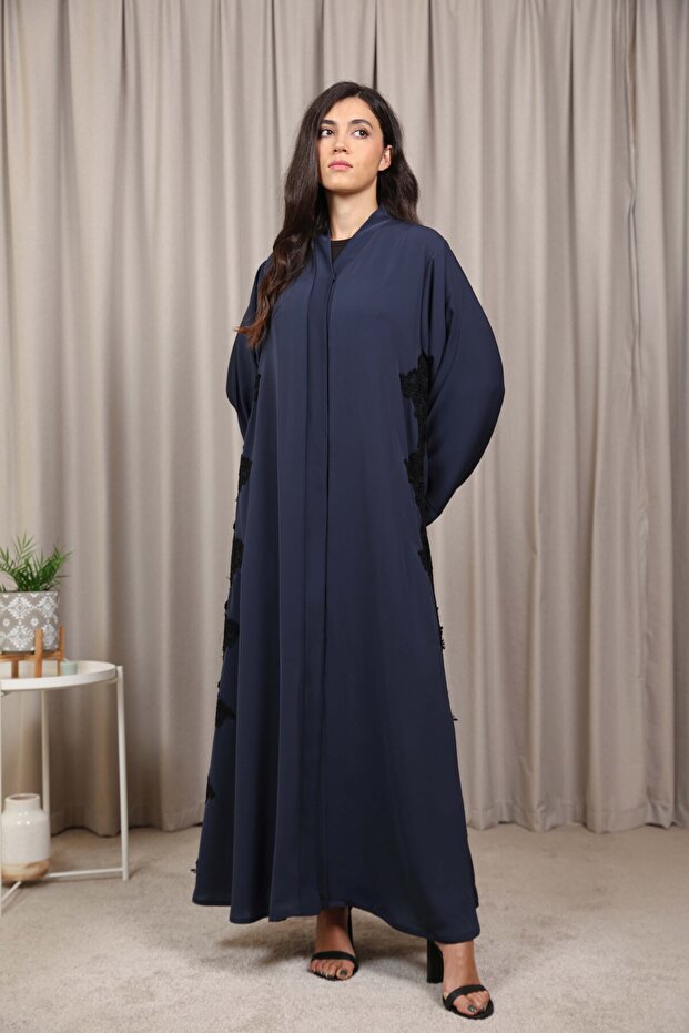 Navy Blue Nida Abaya with Elegant Side Dantel Detail