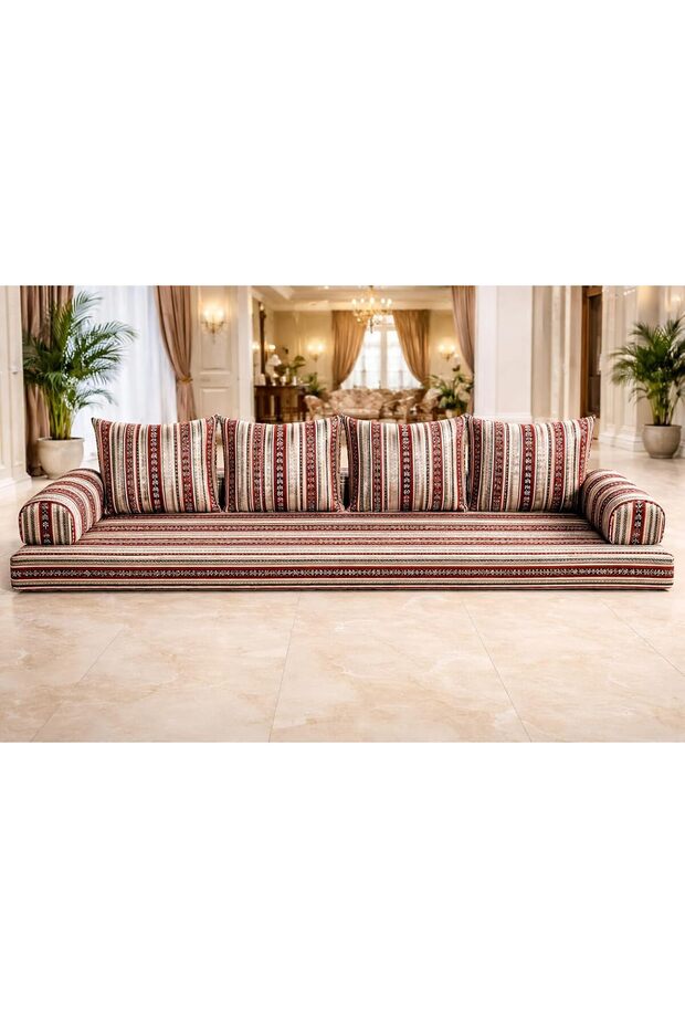 Arabic Majlis Floor Sofa, new Striped Traditional Pattern, Low Seating with Back Cushions