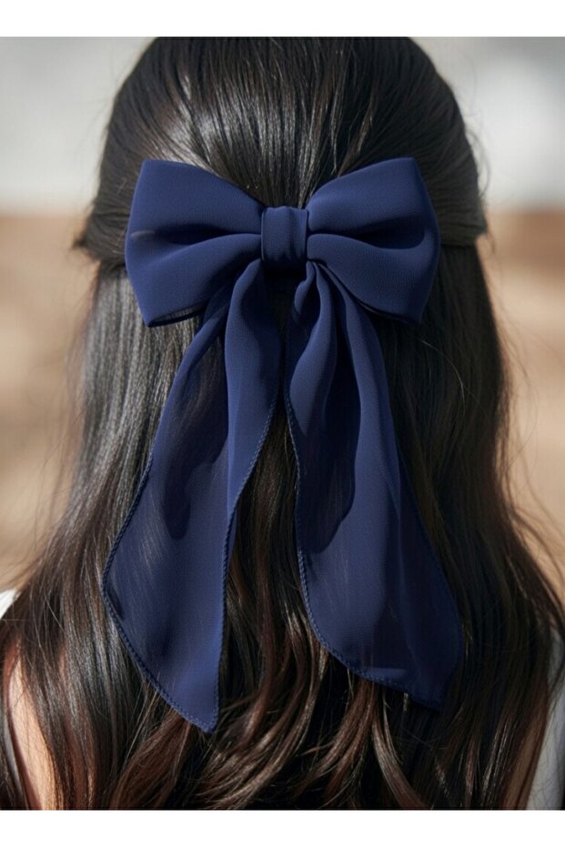 Navy Blue Large Tailored Chiffon Bow with Automatic Buckle