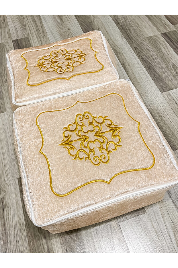 Dowry Box Velvet Gold Embroidered 2-Piece Cream Box Engagement Bride Groom Gift Box