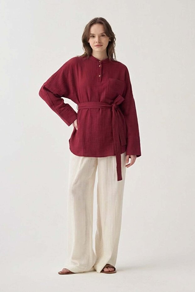 Burgundy Belted Muslin Shirt