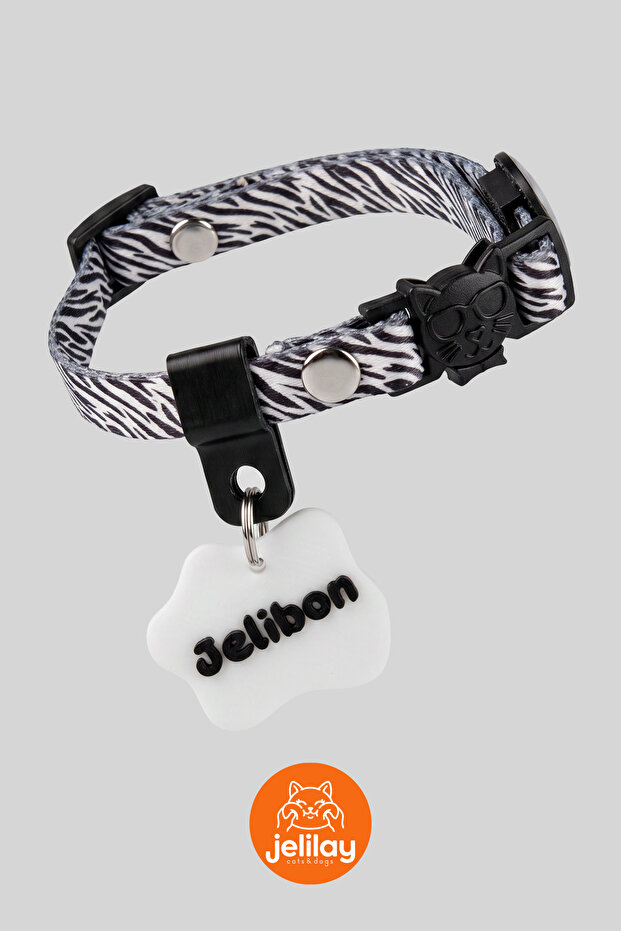 Zebra Patterned, Charm-Decorated, Name Tag, Phone Number Written, Cat Collar (Safety Click)