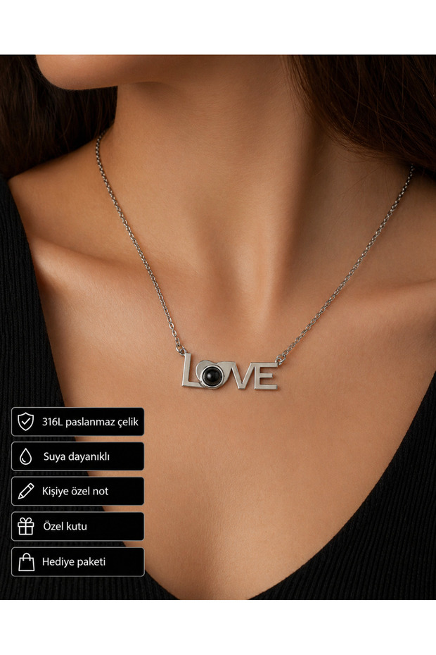 Love Written Black Stone Detailed Stainless Steel Necklace Gift