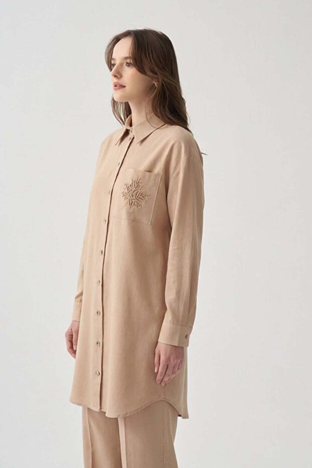 Beige-Laser Cut Detailed Linen Shirt