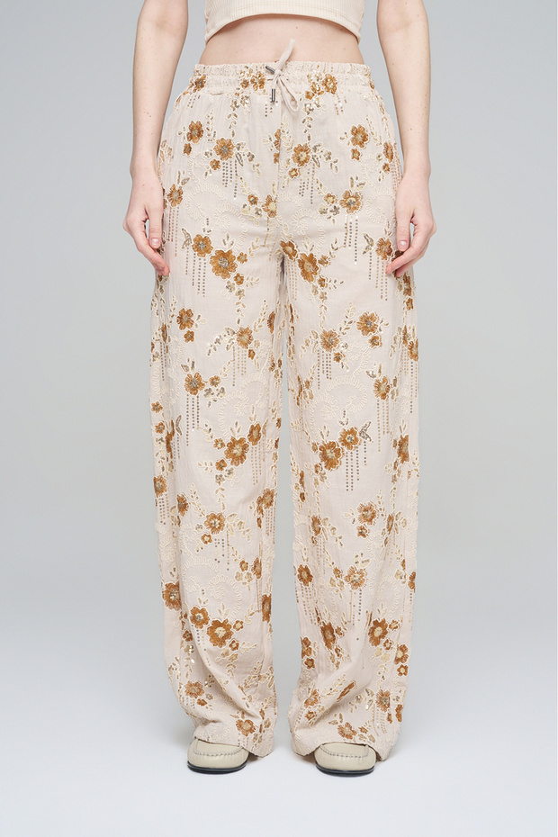 Women's Ethnic Floral Embroidered and Sequin Embellished Wide-Leg Trousers