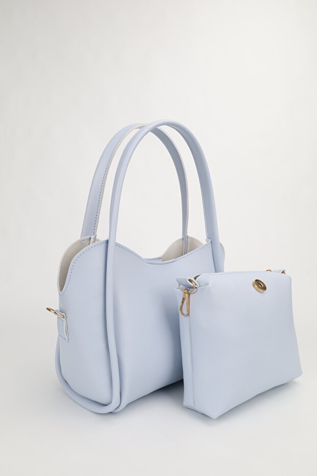 Women's Three-Compartment Special Design Ice Blue Faux Leather Hand and Shoulder Bag with Removable Makeup Bag Rain