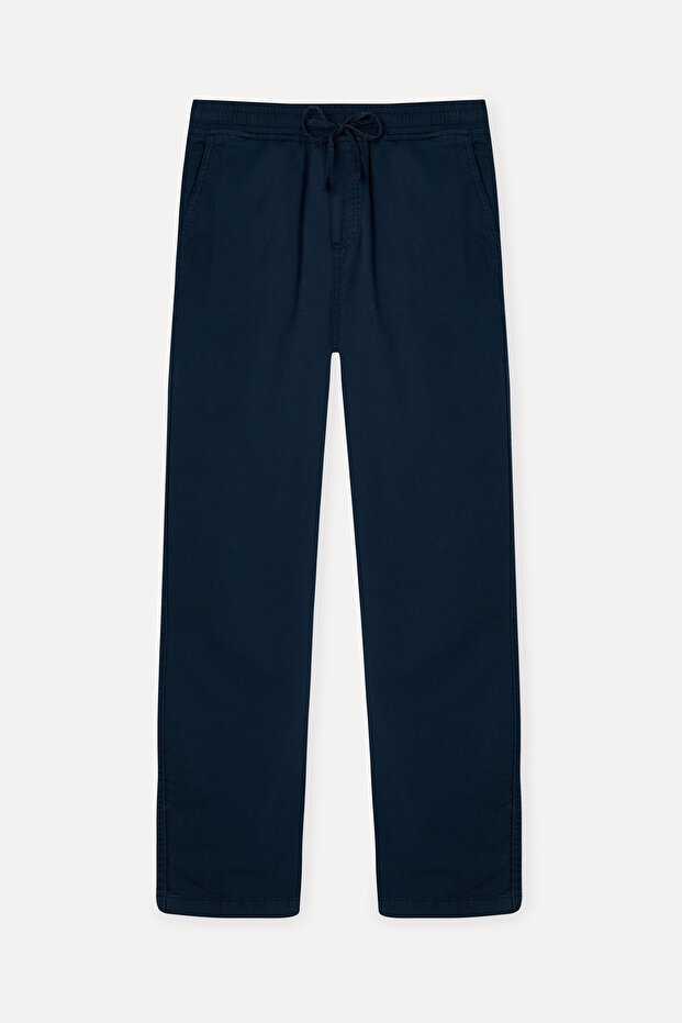 Men's Navy Blue Straight Fit Tie-Waist Trousers