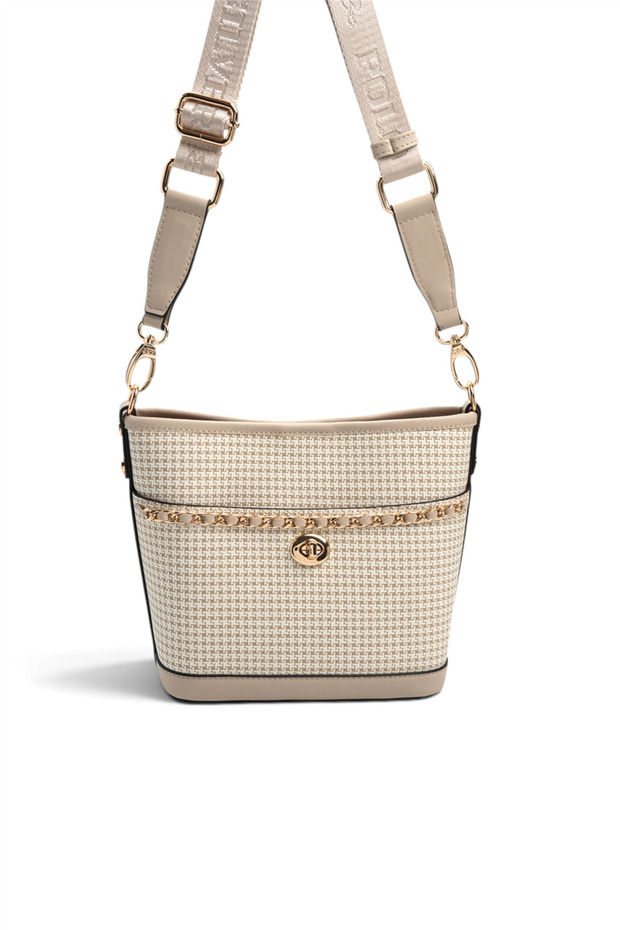 Sand - Sand Beige Houndstooth Plaid Women's Shoulder Bag Sp1284