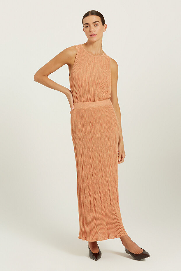 Peach Thin Pleated Glittery Long Skirt