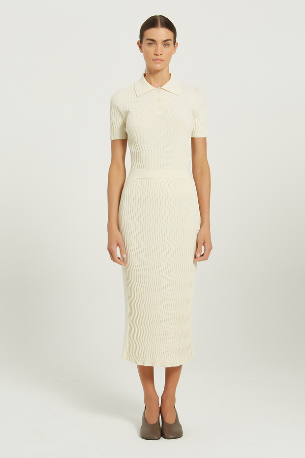 Beige Wave Patterned Midi Skirt