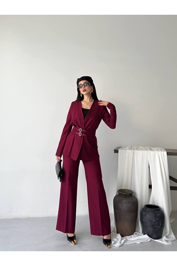 Kadın Kemerli Blazer Pantolon İkili Takım Bordo - 5