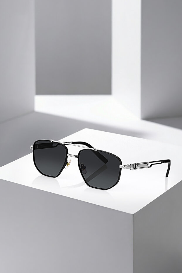 Uv400 Protection Metal Frame Men's Sunglasses Black Silver Color Plg-2118C1