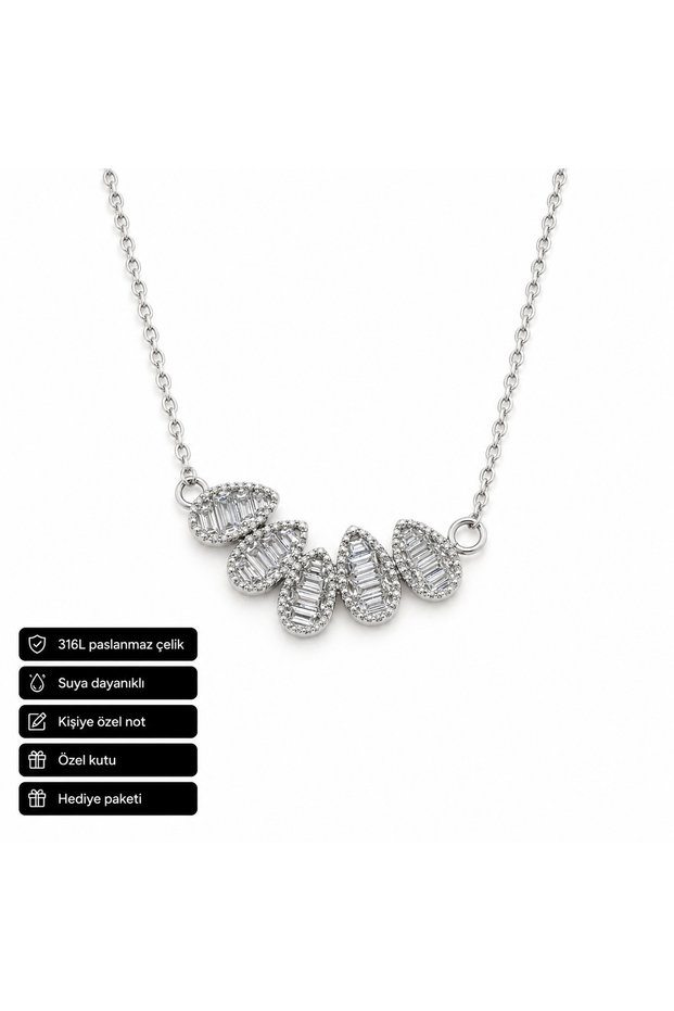 Baguette Stone 316L Steel Necklace Silver Color Stylish Design Gift