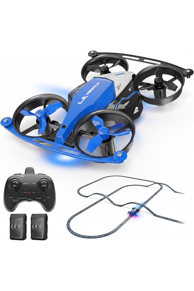 RC Drone with Race Track 3 in 1, Ground Vehicle & Bounce Mode - Remote Control Quadcopter for Kids & Adults - High Speed Racing Toy