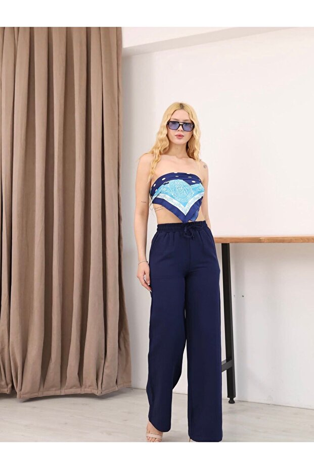 Elastic Waist Navy Blue Summer Muslin Trousers