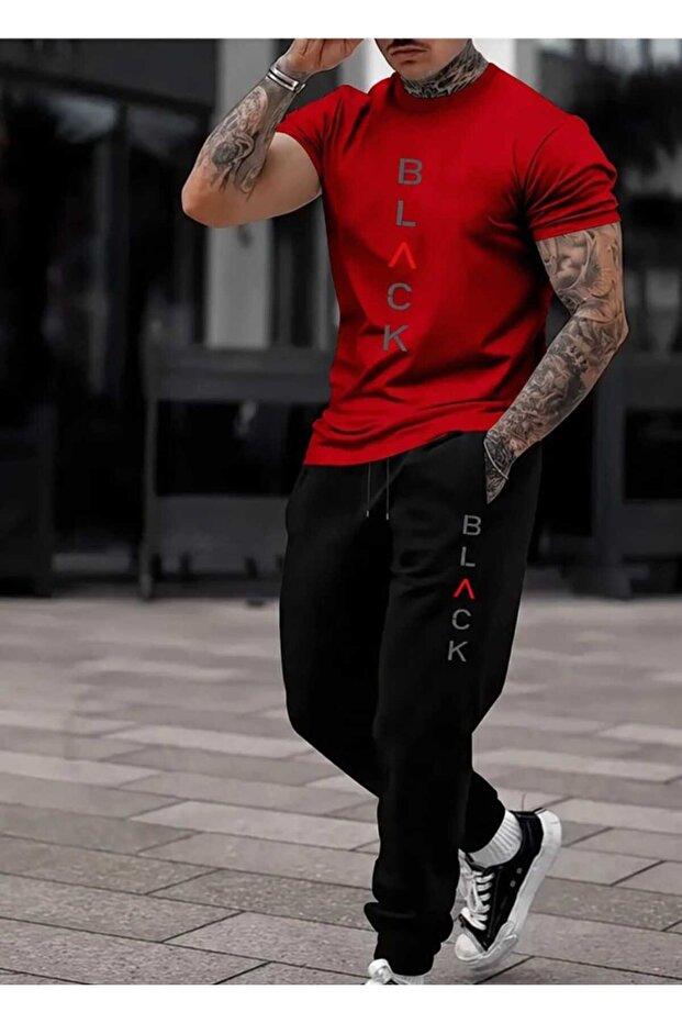 T-Shirt Track Suit 2-Piece Combination Sweat-Absorbing Black Printed Women's / Men's Unisex