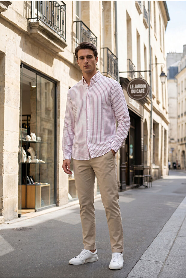 Men's Burgundy Striped Long Sleeve Woven Shirt Ls-13042