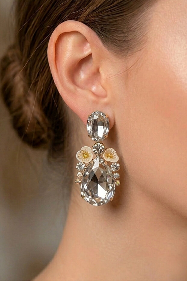 Damla Zircon Crystal Flower Evening Dress Earrings 5.5 Cm.