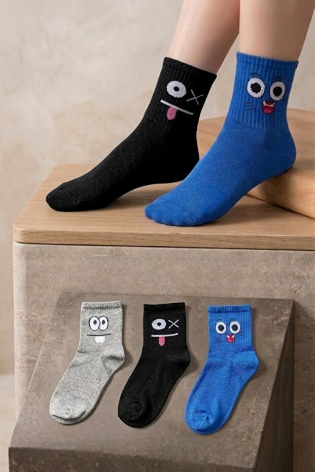 3 Pairs of Emoji Patterned Unisex Colorful Socks Cotton Soft Textured College Socks