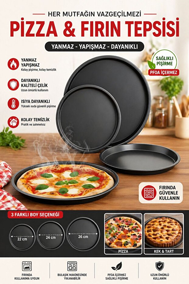 3-Piece Pizza Tray Set 22-24-26 cm Non-Stick Baking Tray Pfoa Free Steel
