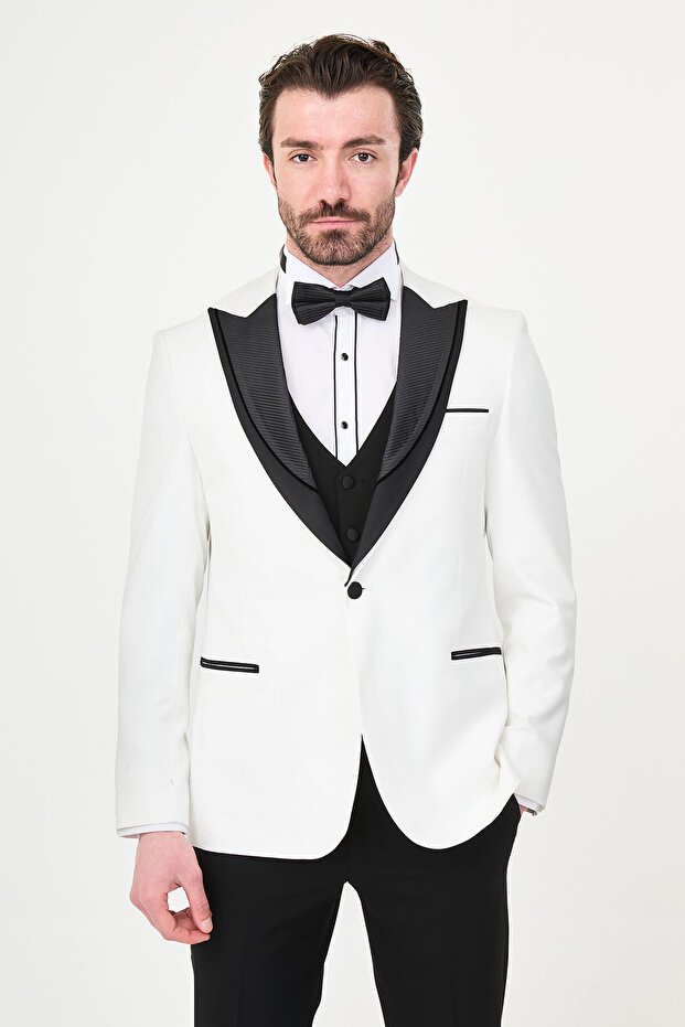 Straight Slim Fit Removable Collar Men's Groom Suit White - 45454.26Y