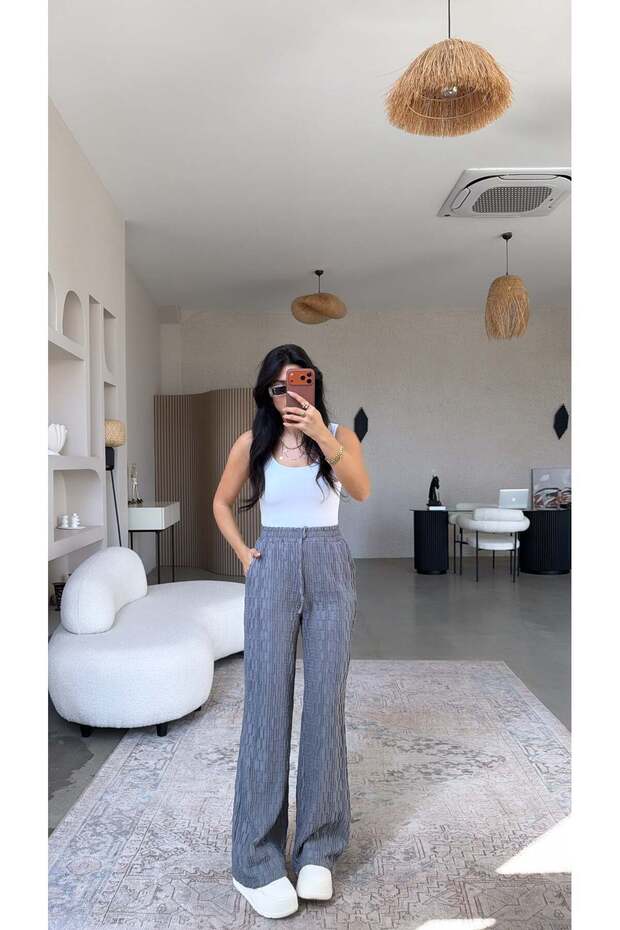 Anthracite Wrinkled Fabric Elasticated Trousers