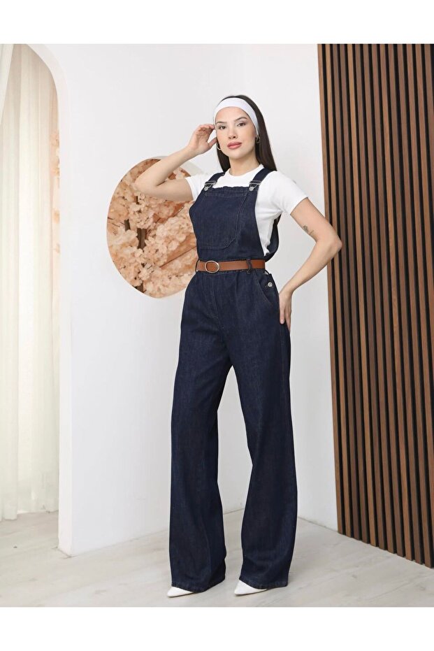 Belted Navy Blue Denim Salopet Jumpsuit