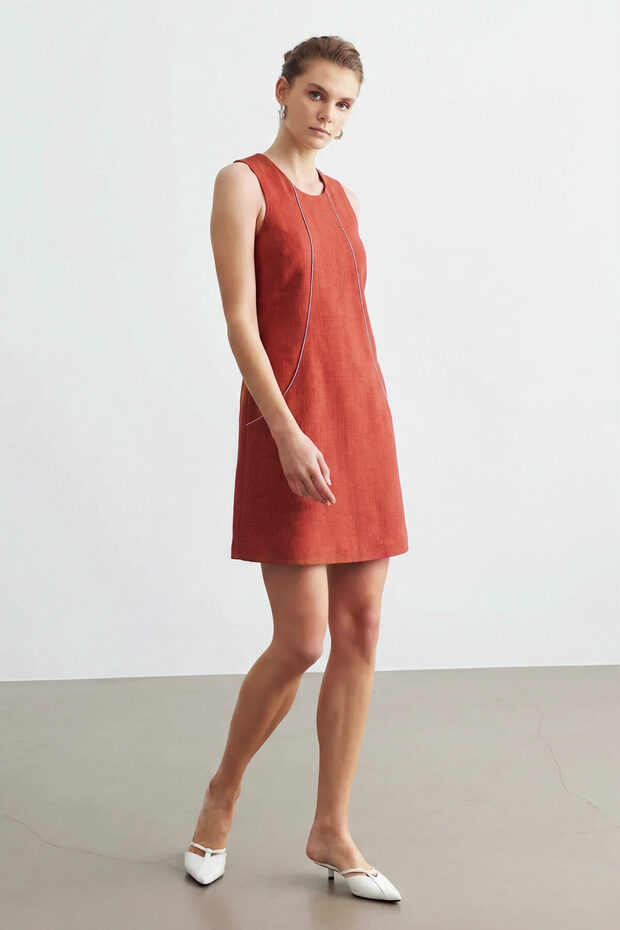 Tile Accessory Detailed Linen Dress with Pockets
