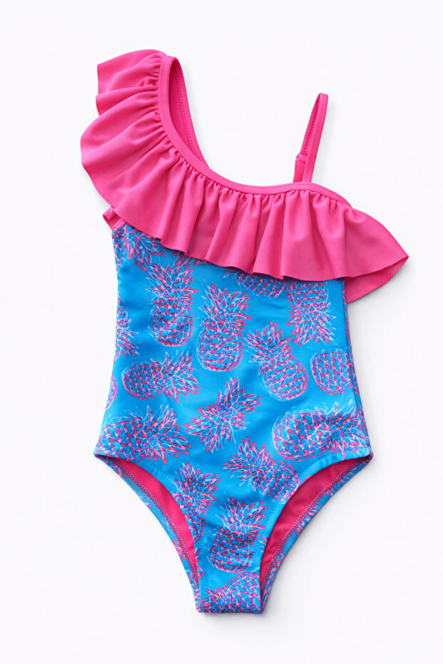Girl's One-Shoulder Swimsuit with Ruffles and Pineapple Pattern