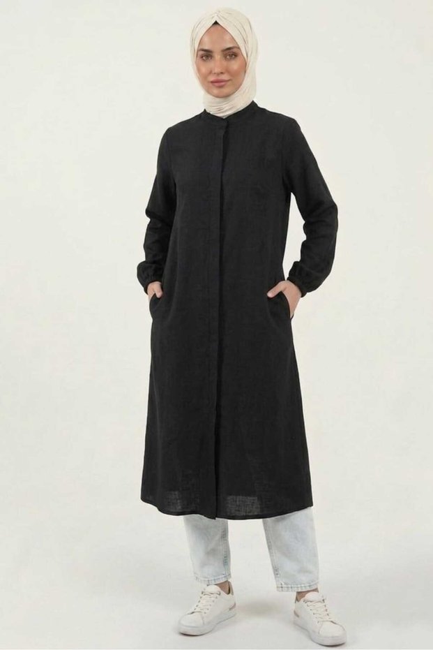 Black 100% Cotton Muslin Fabric Zippered Long Hijab Women's Tunic - Compatible for Hajj, Umrah, and Daily Use