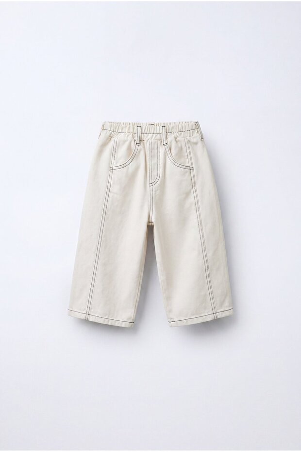 Girl's Oversize Cotton Ecru Contrast Stitched Wide Leg Pants