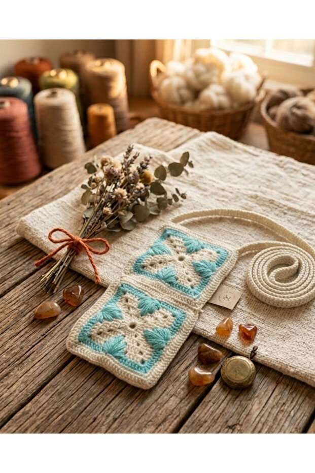 Hand Knitted Floral Phone Bag - Motifed Neck Strap Bag