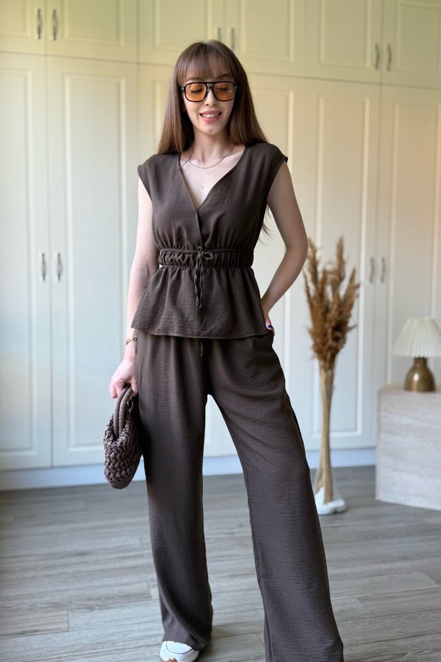Brown Linen Suit with Tie Detail