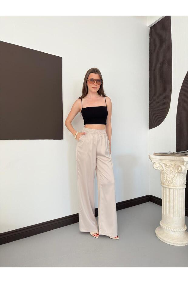 Women's Satin Trousers with Elastic Waist, Stylish and Comfortable Palazzo Pants