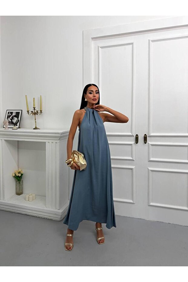 Premium Trend Neck Accessory Detailed Halter Neck Long Maxi Dress