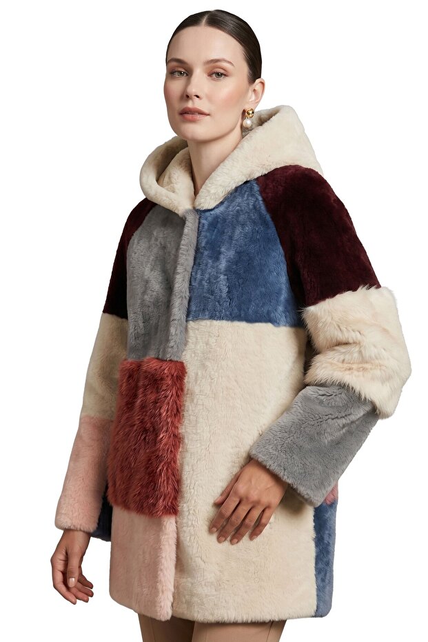 Multicolor Hooded Pocketed Unlined Women's Lamb Fur Coat