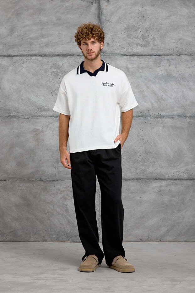 Men's T-Shirt Dp Rising Print Tricot White Oversize Printed Polo Collar Knitwear