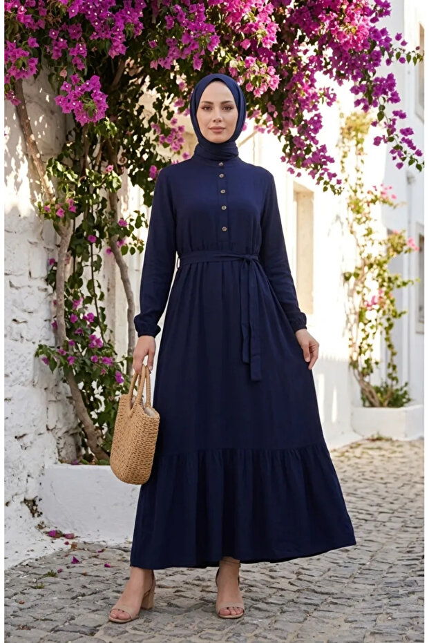 Hakim Collar Belted Viscose Dress 4077-06 Navy Blue
