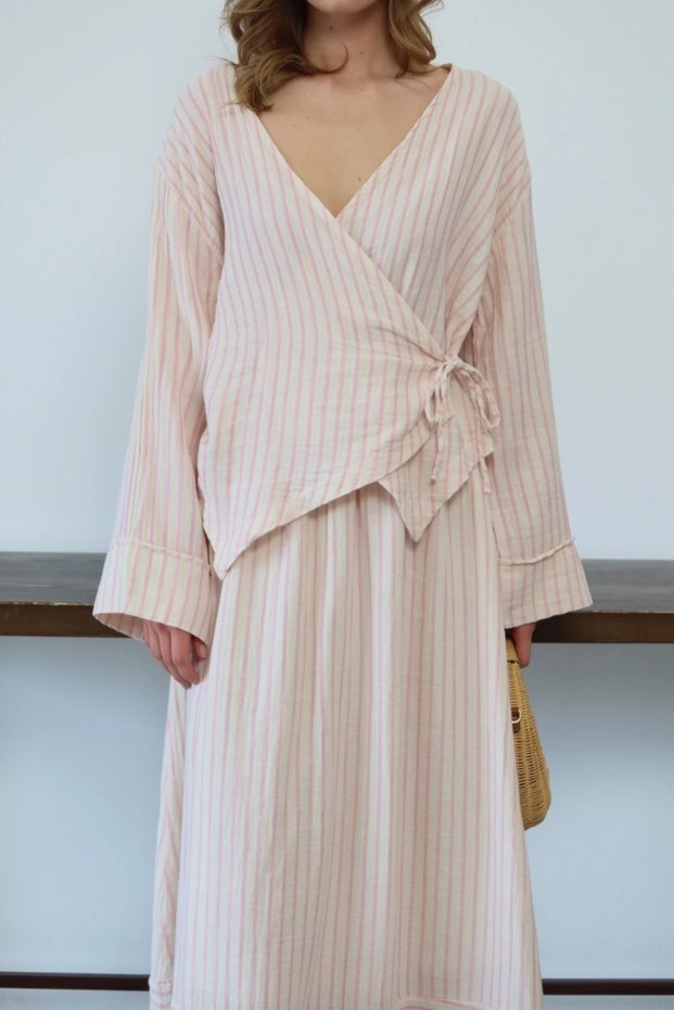 Women's Pink Striped Bohemian Style Blouse Lined Skirt Bottom Top Double Premium Quality Seasonal Summer Linen