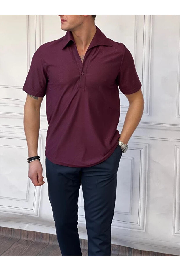 Kayık Neckline Herringbone Pattern Short Sleeve T-Shirt