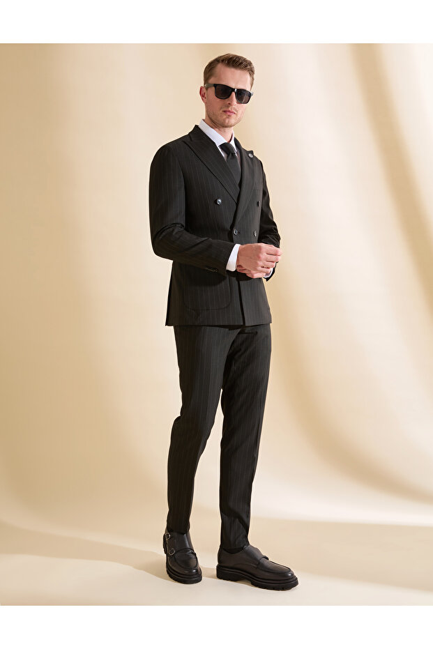 Black Extra Slim Fit Striped Double Breasted Suit 50319630-Vr046
