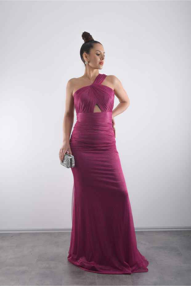 One-Shoulder Long Triangle Window Detail, Luxurious Sparkling Dress with Grained Hemline
