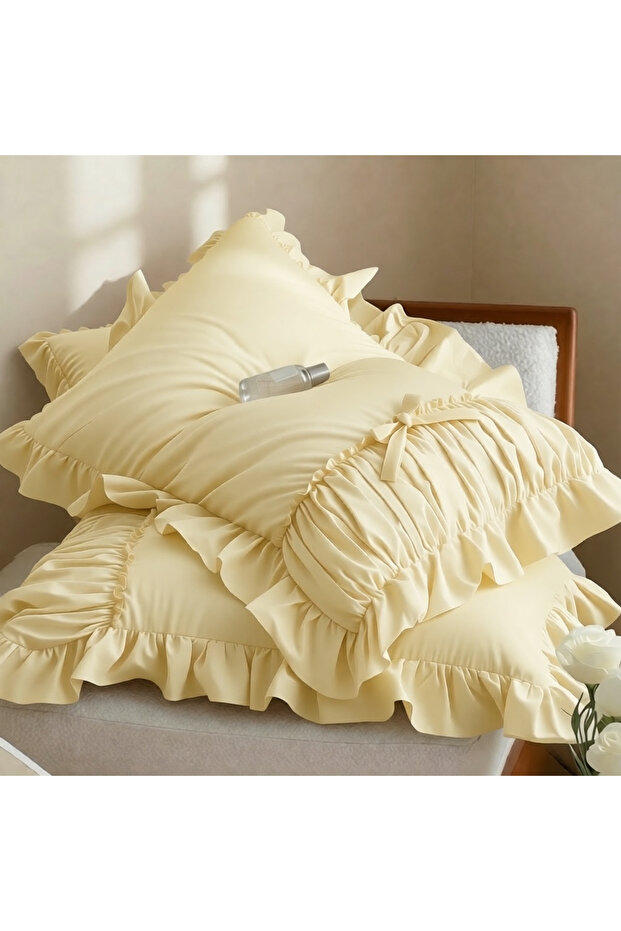 Ruffled Drawstring Beige Color Special Design Pillowcase Double