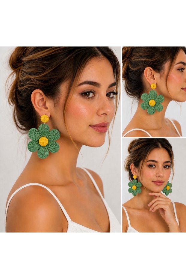 Green Zarax Model Women's Flower 5cm Earrings Straw Large Size Summer Bohemian Lightweight Dangle Earrings