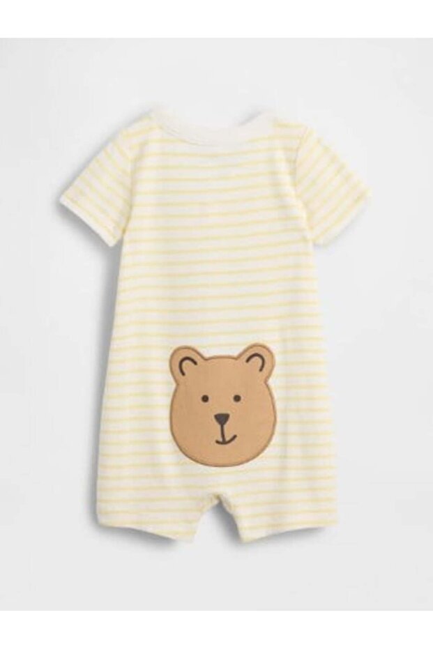 Gap Baby Boy Striped Short Jumpsuit with Bear Print on the Back 0-2 Years Yellow