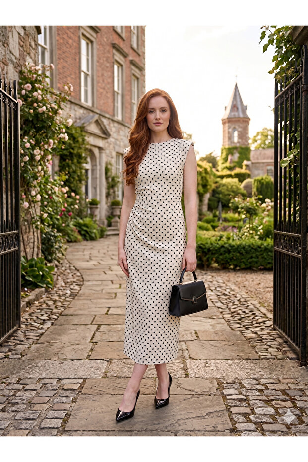 Women's Polka Dot Shoulder Padded Midi Dress