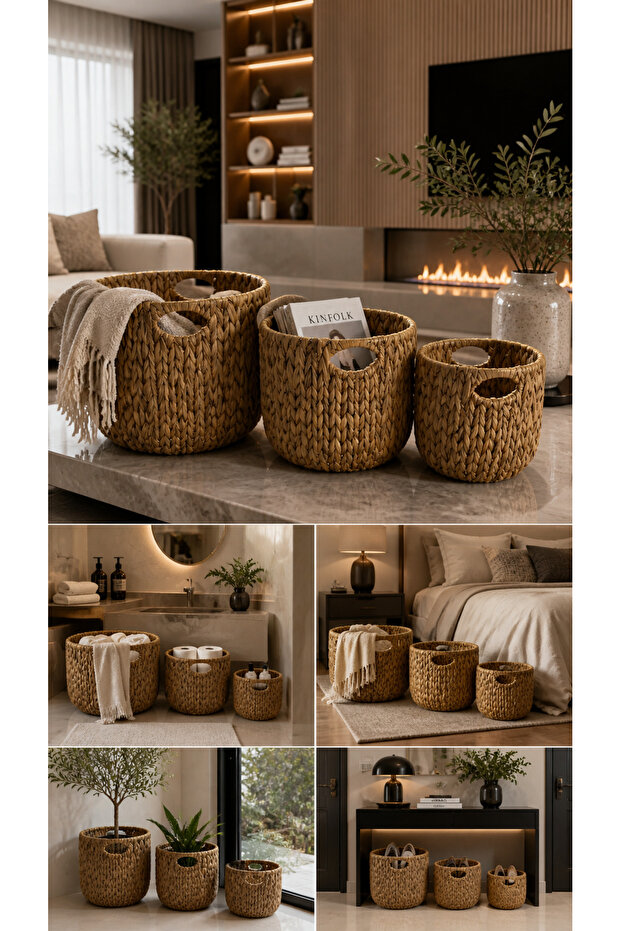 Natural Wicker Basket Set of 3 Decorative Organizer Laundry Toy Storage Basket