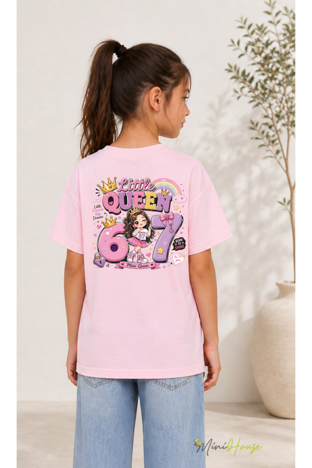 67 SIX SEVEN LITTLE QUEEN تي شيرت كبير الحجم مطبوع من الأمام والخلف