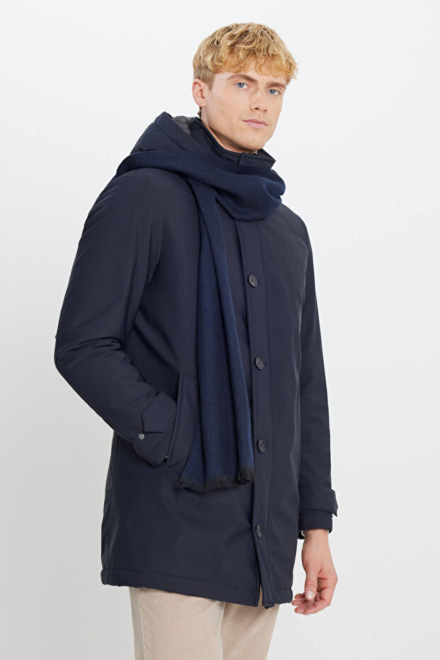 Men's Navy Blue Standard Fit Regular Cut Coat with Hood, Stand Collar, Snap Fasteners and Side Pockets