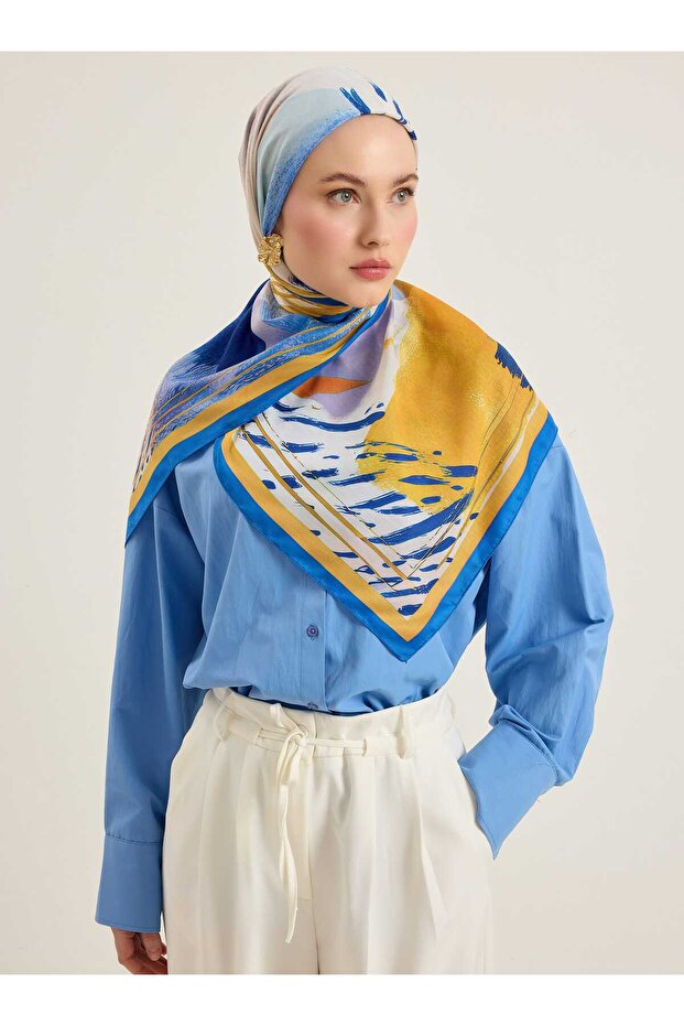 Blue and Yellow Patterned Soft Scarf - - 1